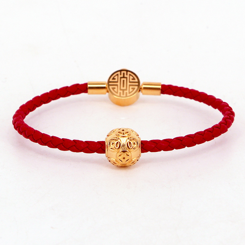 H6-308 New Year Money Fortune Red Leather Lucky Buckle Bracelet, Red String Jewelry for Women in Their Zodiac Year