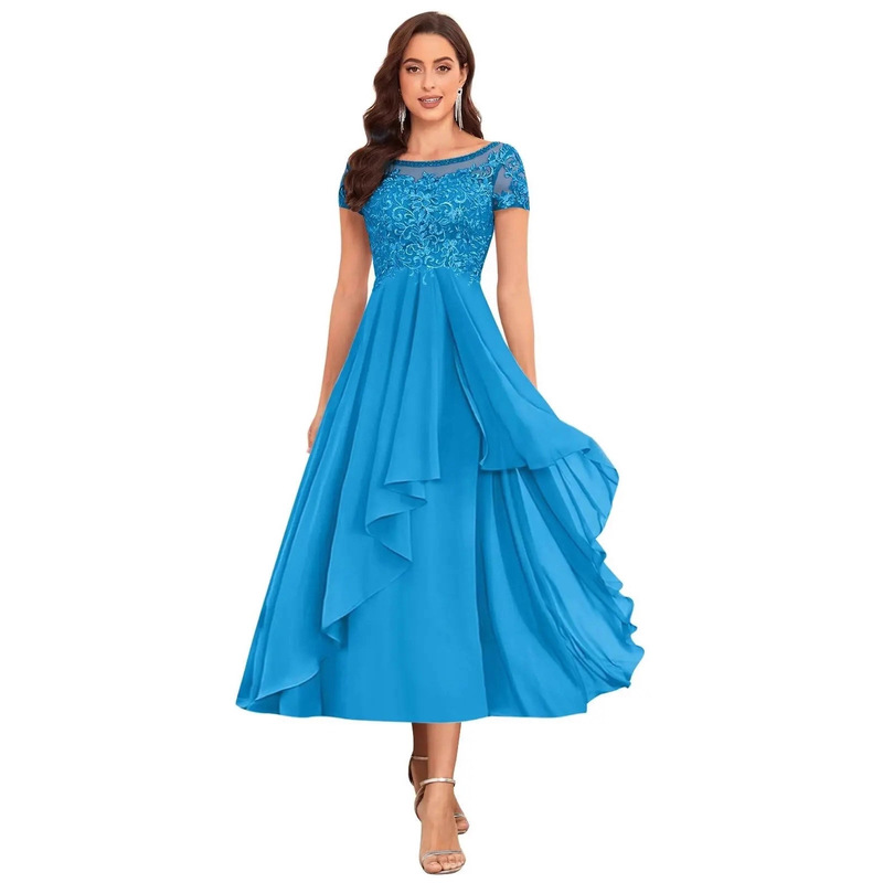 Chiffon Tea-Length Mother of the Bride Wedding Dress A-Line Lace Ruffle Evening Dress with Sleeves Export Amazon