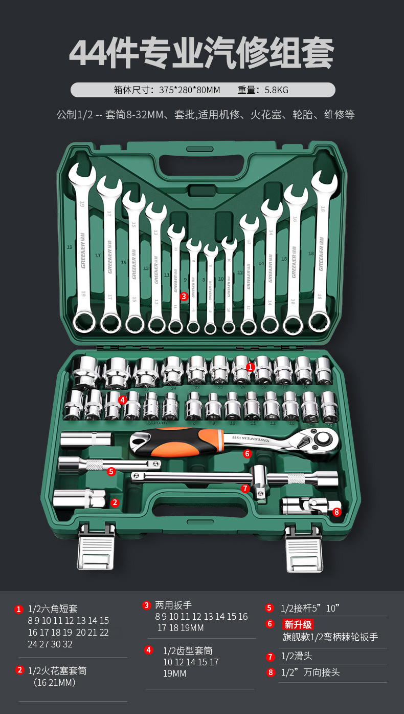 Suitable for Green Forest Auto Repair Tool Set Ratchet Quick Socket Wrench Sleeve Car Repair Motorcycle Maintenance