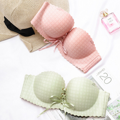 性感小胸壹片式無痕無肩帶內衣無鋼圈拉繩聚攏綁帶女上托文胸罩