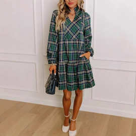 亚马逊长袖连衣裙欧美时尚格纹新款跨境秋冬连衣裙