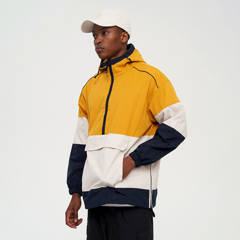 Men's Spring and Autumn Hooded Jacket Functional Style Semi-open Chest Color-block Jacket Windproof Loose Mountaineering Jacket for Men Cross-border