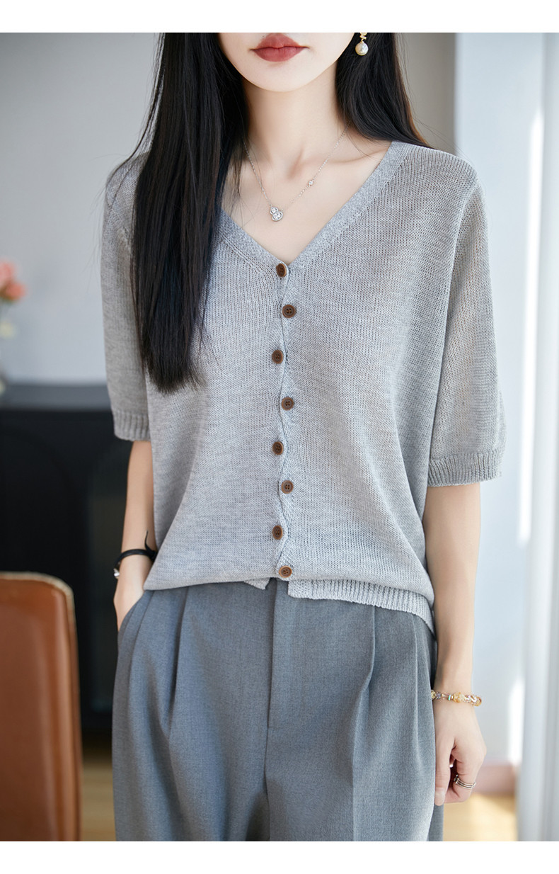 Áo thun nữ cổ V tay ngắn dệt kim phong cách Hàn Quốc, thiết kế đơn giản che khuyết điểm — Cam caramel chi tiết 15