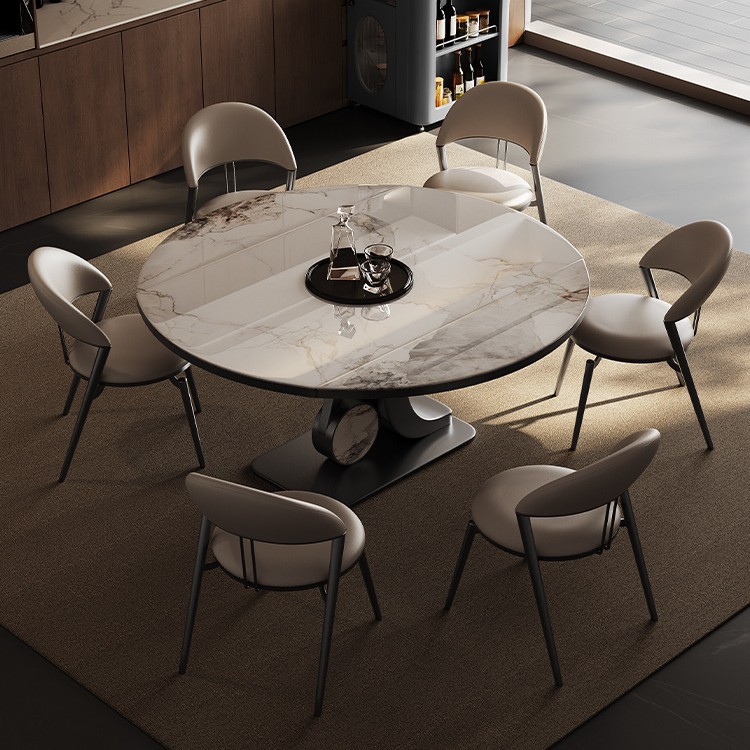 Mesa de mesa redonda de mesa de mesa de mesa redonda de isla de roca, hogar integrado, apartamento pequeño, lujo ligero, mesa de guía central retráctil plegable de alta gama, mesa de comedor invertida