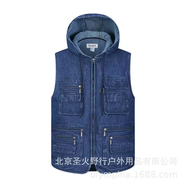 Hooded Vest, Multi-Pocket Vest, Large Size Men's Casual Denim Vest, 10XL, Spring and Autumn Vest, Fishing Vest