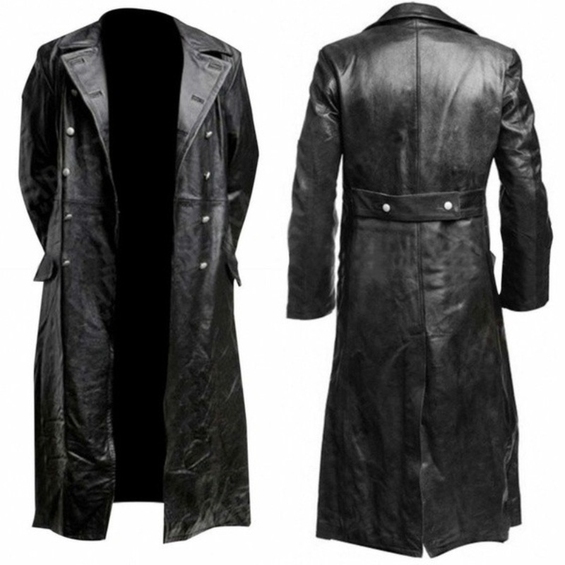 European and American plus size long leather trench coat men's double-breasted leather coat COSPLAY German military leather coat men