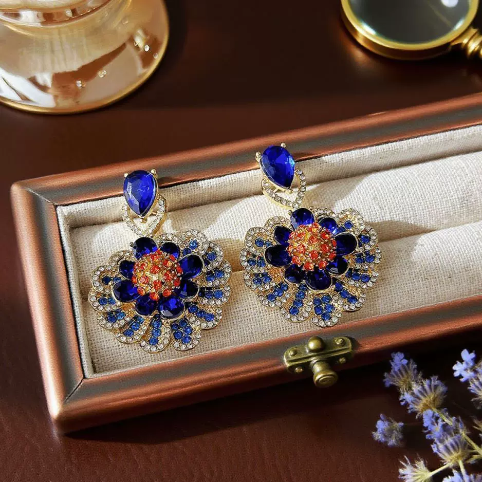 中古vintage镶钻花朵耳环 复古宫廷风气质耳坠优雅高级感耳饰批发