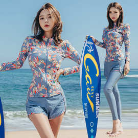 2022新款女游泳衣 分体平角长袖长裤套装四件套拉链显瘦大码批发