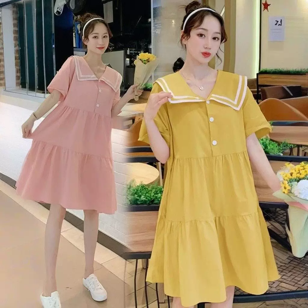 孕妇装夏季小清新甜美海军领连衣裙女夏天宽松大码高腰显瘦孕妇裙