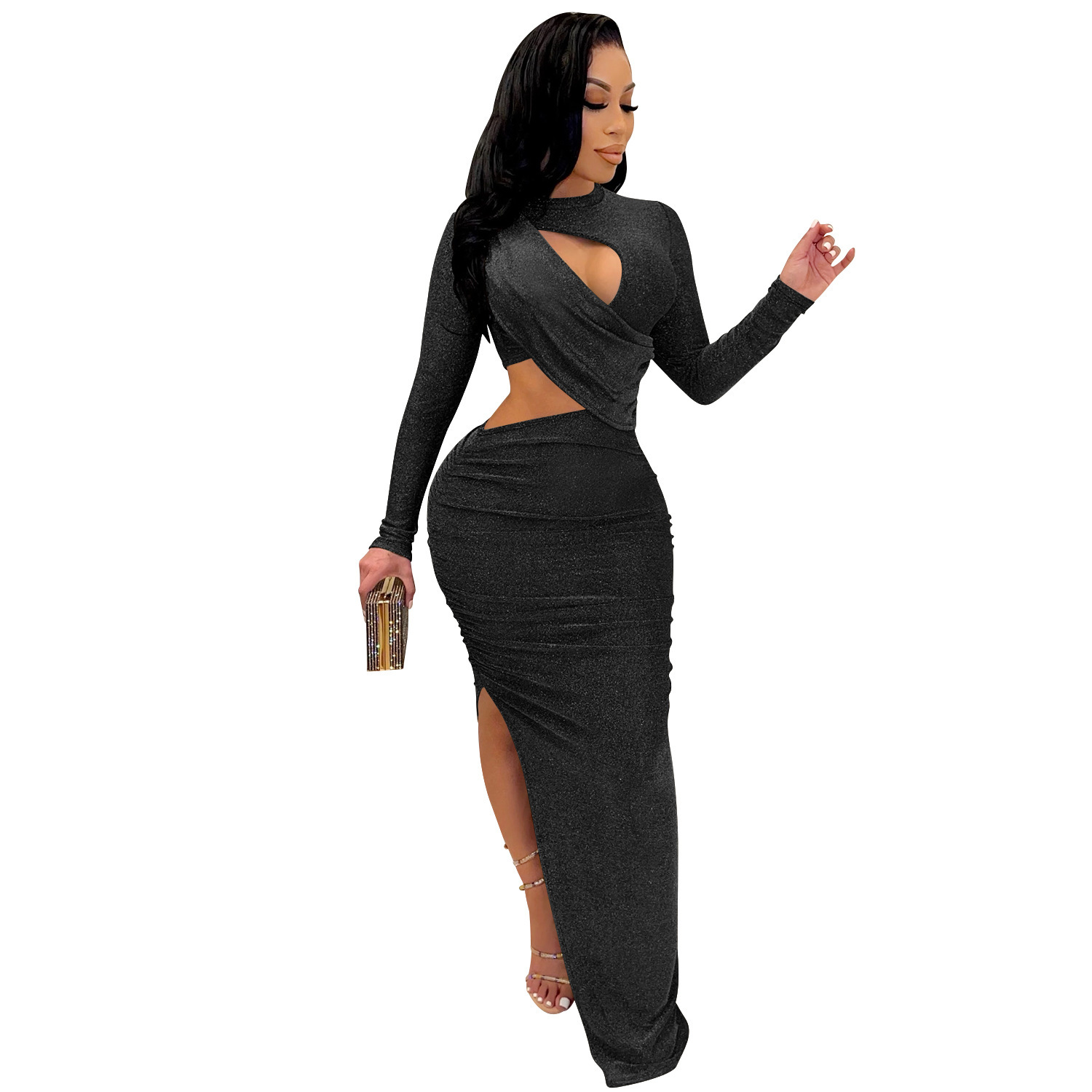 C5550 verano nuevo estilo europeo y americano Amazon moda transfronteriza manga larga sexy hueco vestido de mujer image 8