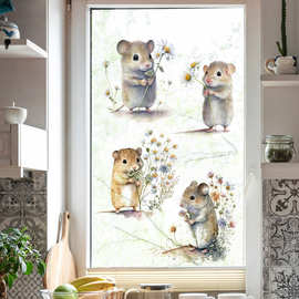 39011-花香鼠 新款卡通动物儿童房装饰贴画墙角小老鼠花朵墙贴纸