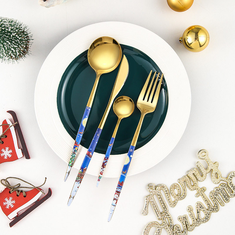 跨境创意圣诞不锈钢葡萄牙金色西餐餐具刀叉勺甜品勺礼盒四件套装