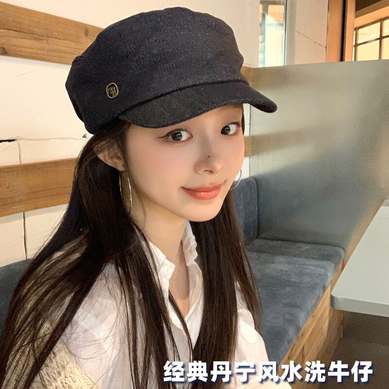 时尚老钱风春夏深蓝牛仔平顶马术帽透气后弹力松紧骑士报童帽通勤|undefined