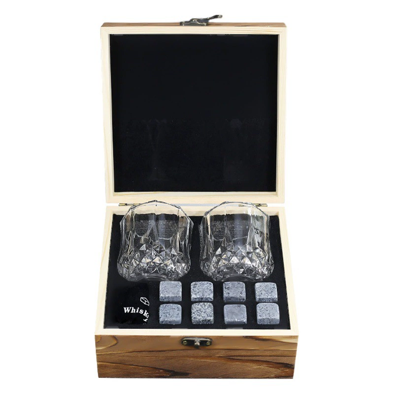 Виски Ледяной камень Квадратный зерновой ледяной блок Камень Ледяной холодный камень Маленькая деревянная коробка Подарочная коробка костюм Натуральный камень Ледяное дерево