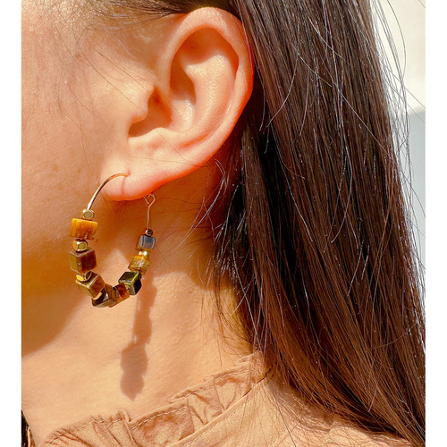 Niche design natural square tiger eye stone bead necklace and earrings set women's Maillard beaded earrings 435