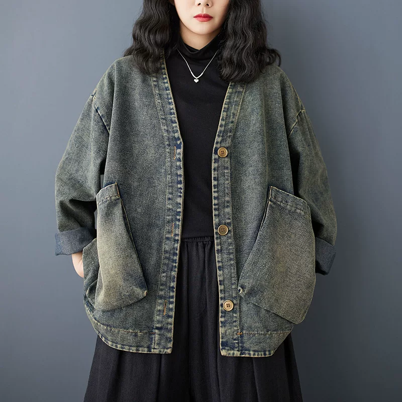 Denim spring jacket for leisure, V-neckline, plus size