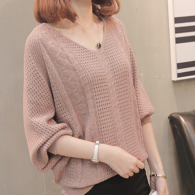 Autumn New Knitted Bat Knitted Sweater Loose Base Shirt Pullover Top Korean Style Hollow Lantern Sleeve Sweater for Women