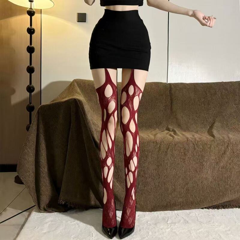 Plus-Size High-Elasticity Sexy Hollow-Out Fishnet Stockings, Jacquard Hot Girl Black Silk Suspender Stockings, Open-Crotch Women's Bar Stockings, Silky Smooth