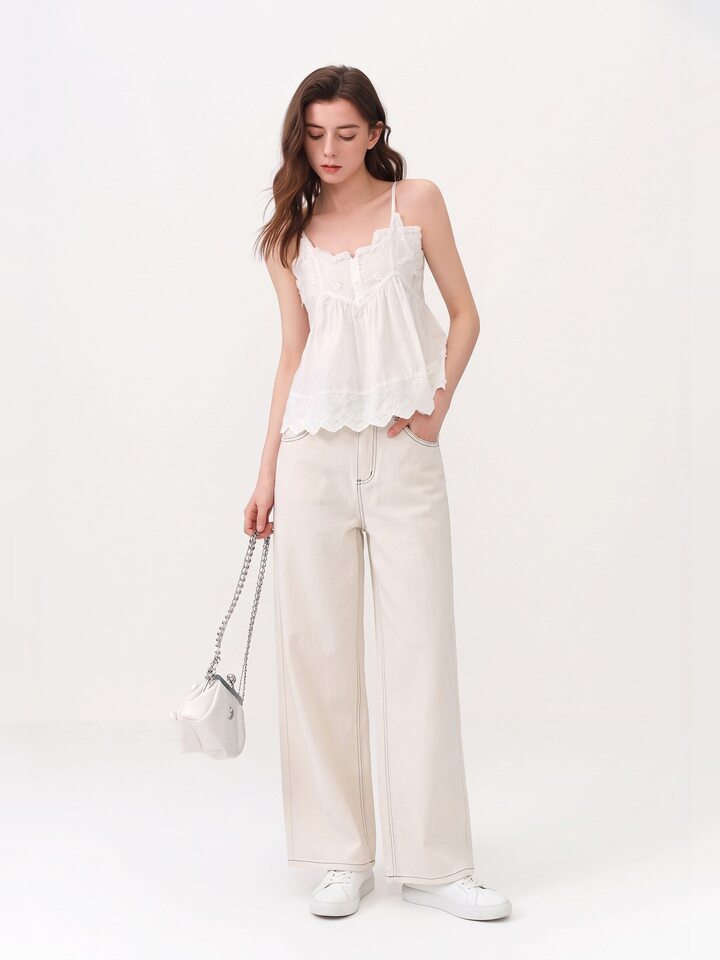 Quần jeans nữ ống rộng lưng cao dáng suông có đường chỉ nổi — Gạo trắng