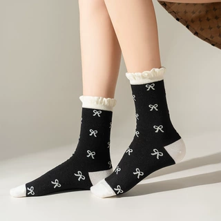 袜子女秋季黑白色蝴蝶结中筒女袜花边拼色百搭少女袜日系堆堆袜