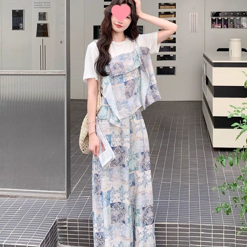 C1X夏季新款韩版设计感拼接假两件印花短袖上衣休闲宽松阔腿裤两|undefined