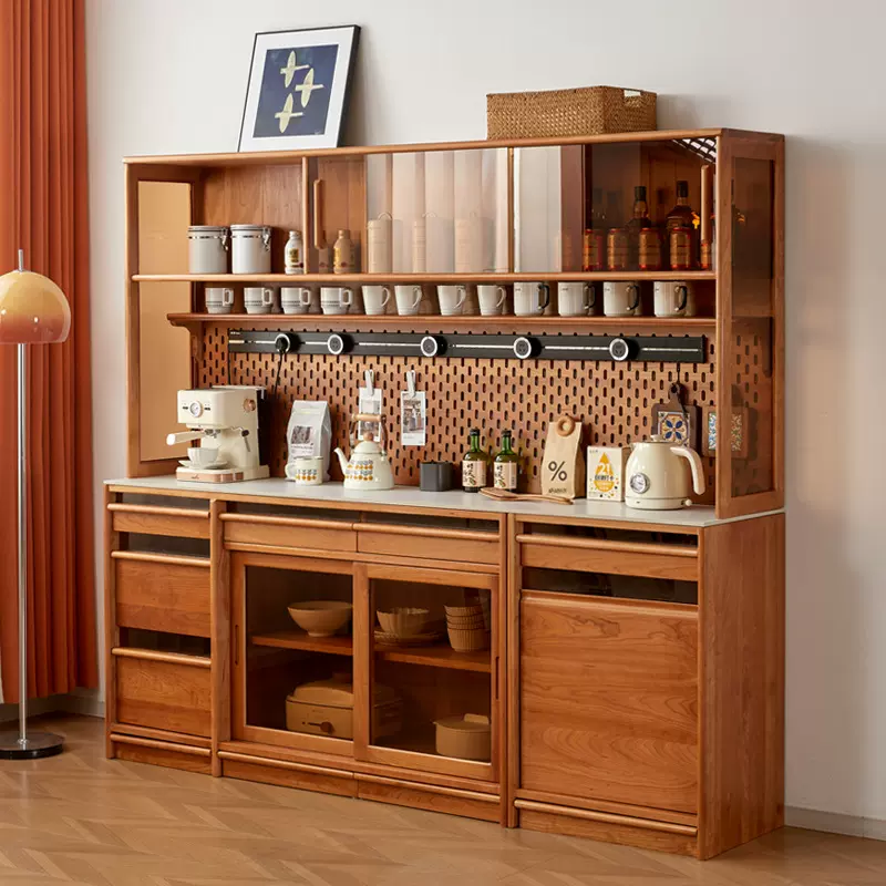 北欧实木樱桃木餐边柜靠墙一体黑胡桃木置物柜原木风洞洞板储物柜