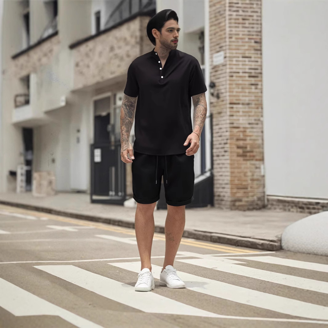 Cross-Border Summer New European And American Men's T-Shirt Henley Shirt Casual Loose Shorts Short-Sleeved Solid Color_voghion.com