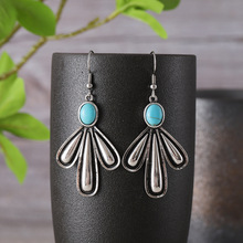 跨境新款民族风简约三叶草合金耳环 复古个性气质松石镶嵌耳饰女