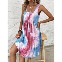 Elegant Sleeves Tie Dye Dress for Women Crew Neck�B��ȹ