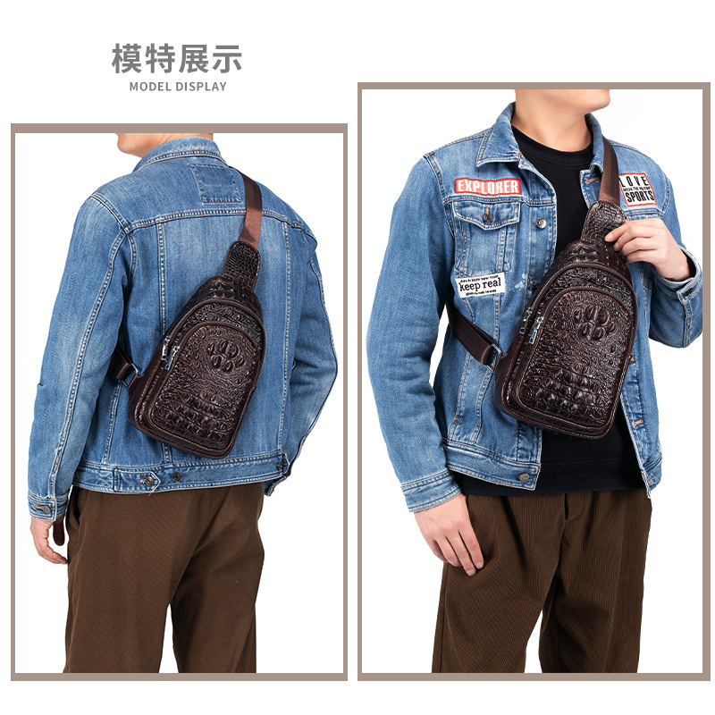 Túi đeo chéo nam da bò thật họa tiết cá sấu Lion Leiden, phong cách thời trang xuyên biên giới — Màu cà phê, Màu đen