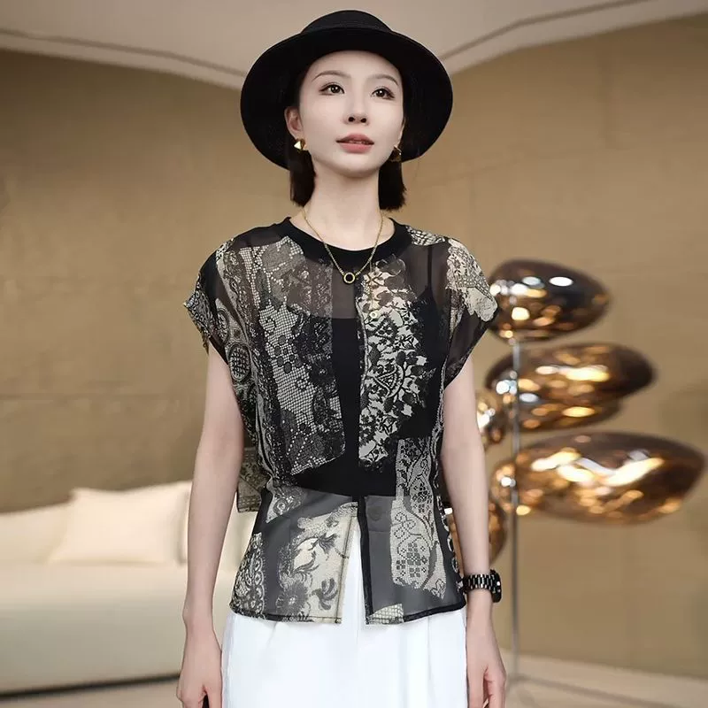 Летняя легкая дышащая рубашка с завязками на спине для женщин, повседневная универсальная модная блузка с принтом и развевающимися рукавами для похудения