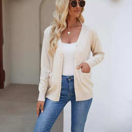 针织开衫毛衣女2025秋冬新品V领长袖纯色单排扣跨境女式针织衫女