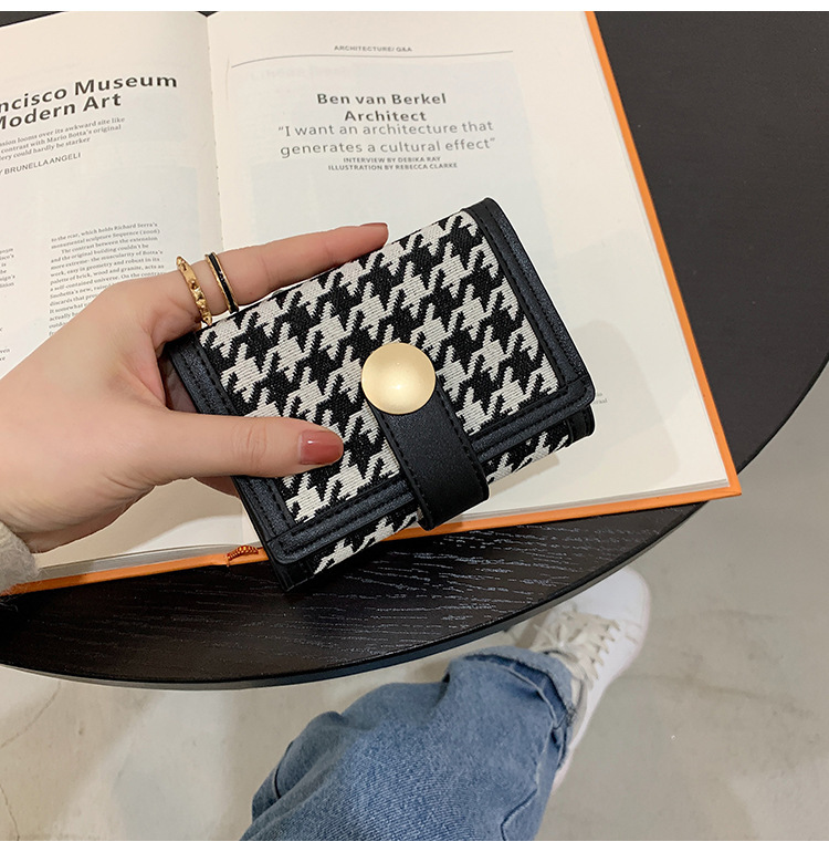 Pu Leather, Canvas Material Houndstooth Pattern Women's Houndstooth Pu Leather Canvas Buckle Wallets