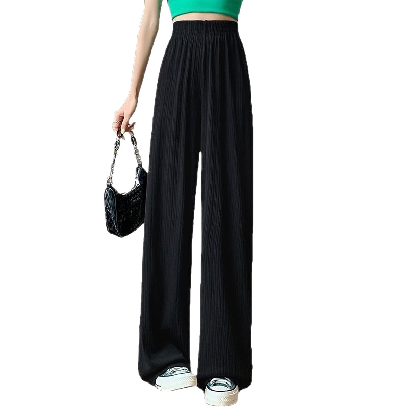 Pantalones de pierna ancha de seda de hielo para mujer, gasa fina, cintura alta, caída, tubo recto suelto, pantalones de trapeador casuales delgados para mujer