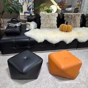 Home Living Room Coffee Table, Cloakroom, Home Entrance Genuine Leather Small Stool, Bedroom Floor Shoe-Changing Stool, Octagonal