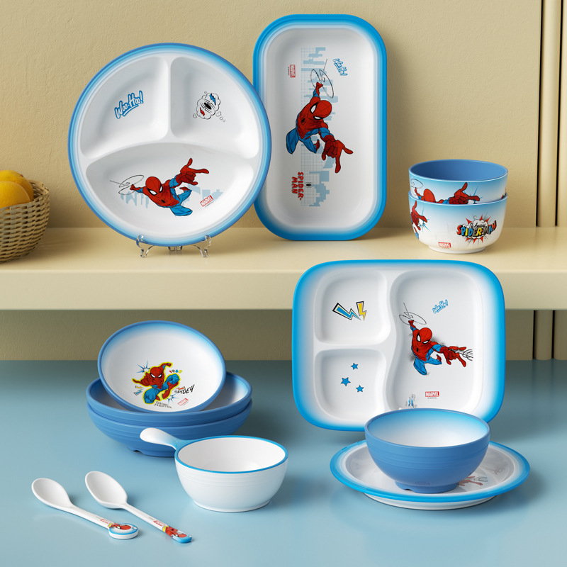 Hill Spider-Man Baby Kidsren's Food Supplement Tableware Compartment Plate Small Bowl Spoon Handle Bowl Water Cup Anti-Fall Melamine Tableware