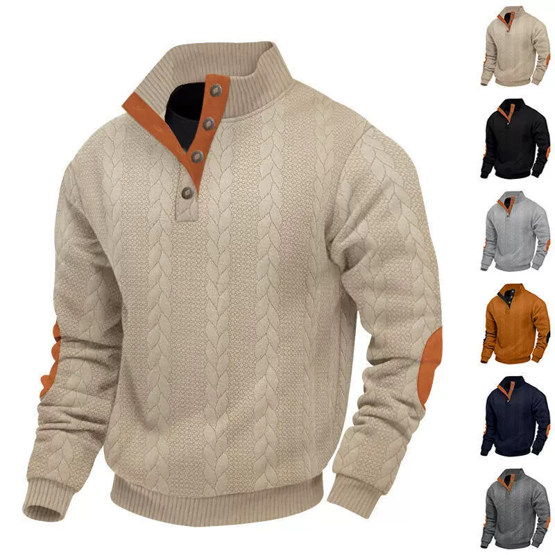 跨境亚马逊美式春秋重磅提花男士纽扣立领补丁亨利长袖休闲卫衣男