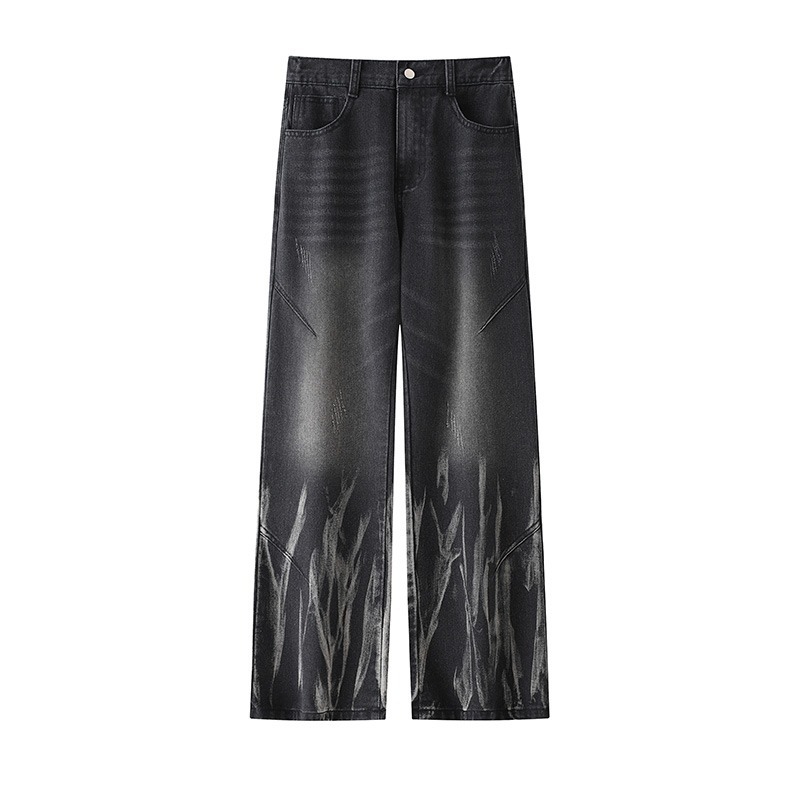 Mud amarillo teñido de lavado con espiga jeans hombre estilo americano delgado microbolar estrecho piso de cintura alta pantalones de cemento
