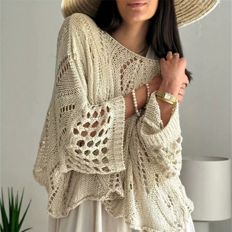 European and American Cross-Border Bohemian Style Hollow-Out Knitted Shawl, New Summer Vacation Style Loose Outer Cover-Up Top
