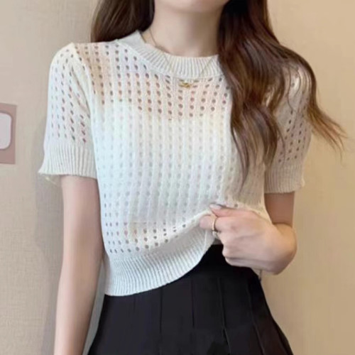 Pure Desire Short-Sleeve Hollowed Out Versatile Knit T-Shirt for Women 2025 Summer Thin Design Felt Minority Unique Top