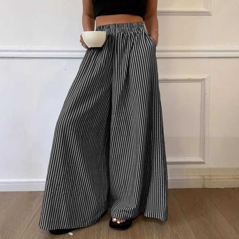 Amazon's Popular European and American Cross-Border Foreign Trade New Products, Fashionable and Lazy Stripesd Elastic Waist Straight Wide-Leg Trousers