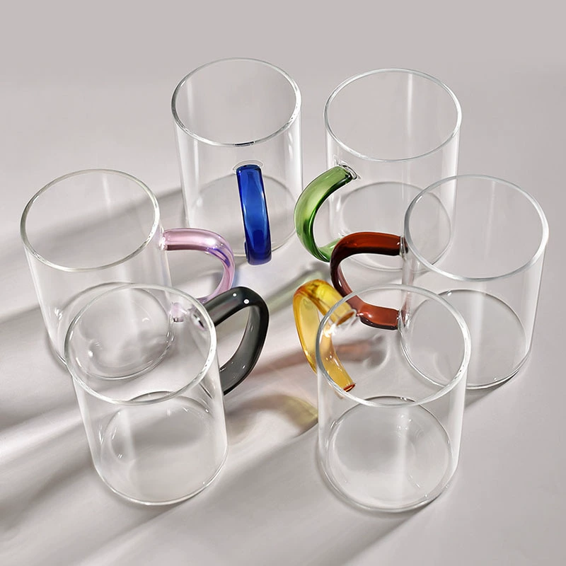 Glass mug, capacious 400 ml, colored ergonomic handle