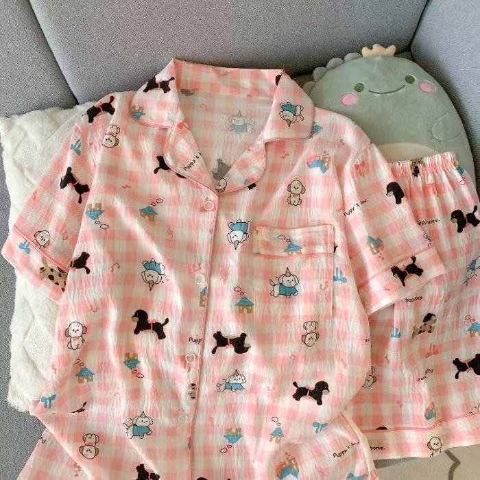 Pijamas al por mayor transfronterizos, algodón de imitación para mujer, almohadilla para el pecho, nuevo verano a prueba de golpes, pantalones cortos de manga corta, traje de servicio a domicilio
