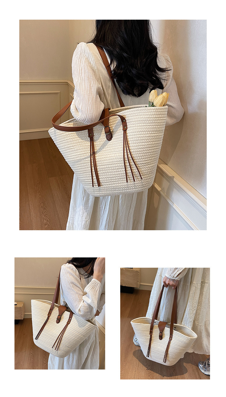 1125g Weight Weave Fashion Element Lock clasp Closure Type Double Shoulder Straps Strap Type Straw Bag Bags Type Casual Occasion cotton rope Material Solid Color Pattern Spring&Summer Season Women's Gender Beach Style Bucket Shape Large Size Women's Large Cotton Rope Solid Color Beach Weave Bucket Lock Clasp Straw Bag 1