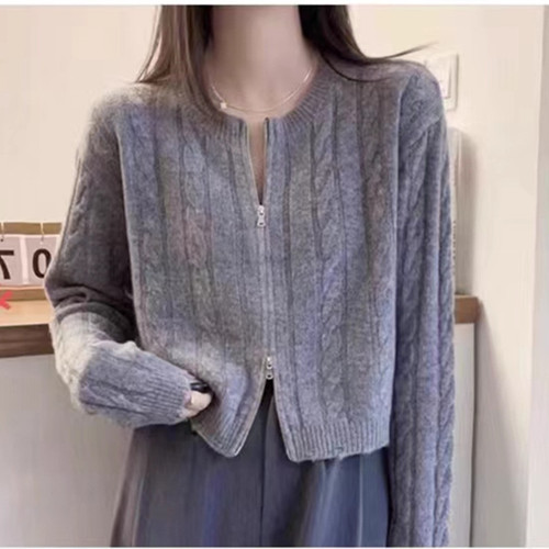Fall/Winter Lazy, Casual, and Elegant Round-Neck Short Cable-Knit Cardigan with Dual Zippers – Women's Top