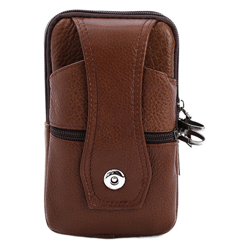 Men's New Cowhide Mobile Phone Bag Business Waterproof Vertical Multi-functional Casual Coin Purse Wearing Belt Zipper Waist Bag