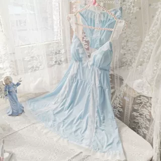 日系冰丝睡衣女三色蝴蝶结吊带睡裙套装甜美性感薄款有胸垫家居服