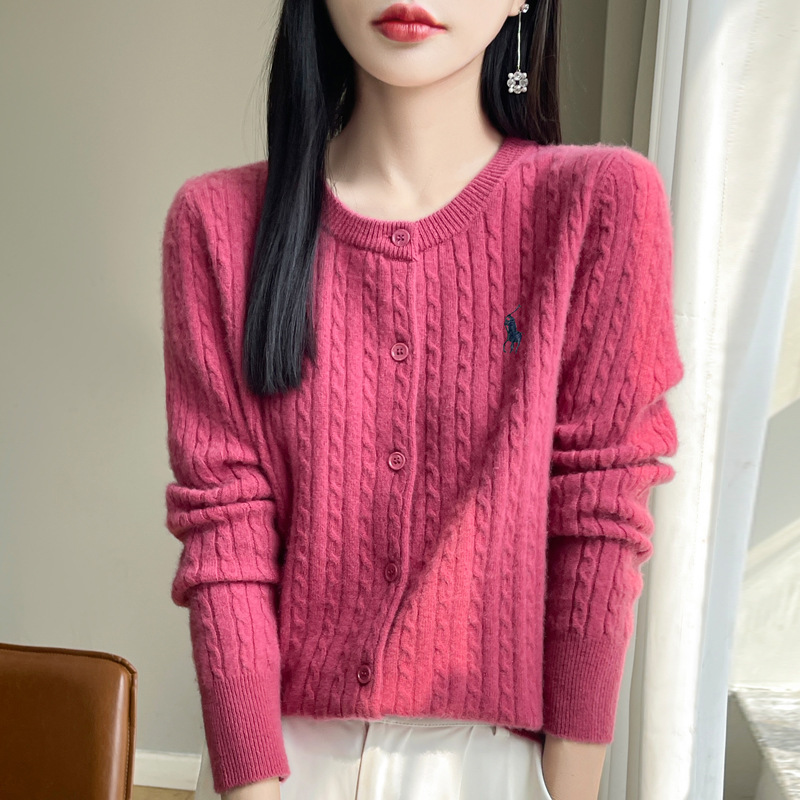 2025新款秋冬羊毛针织开衫女刺绣马麻花圆领开衫休闲简约外套|undefined
