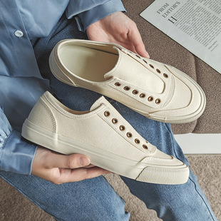 Jiaben 2025 Niche Design Cream White Shoes Retro Distressed Elastic Lazy Canvas Shoes