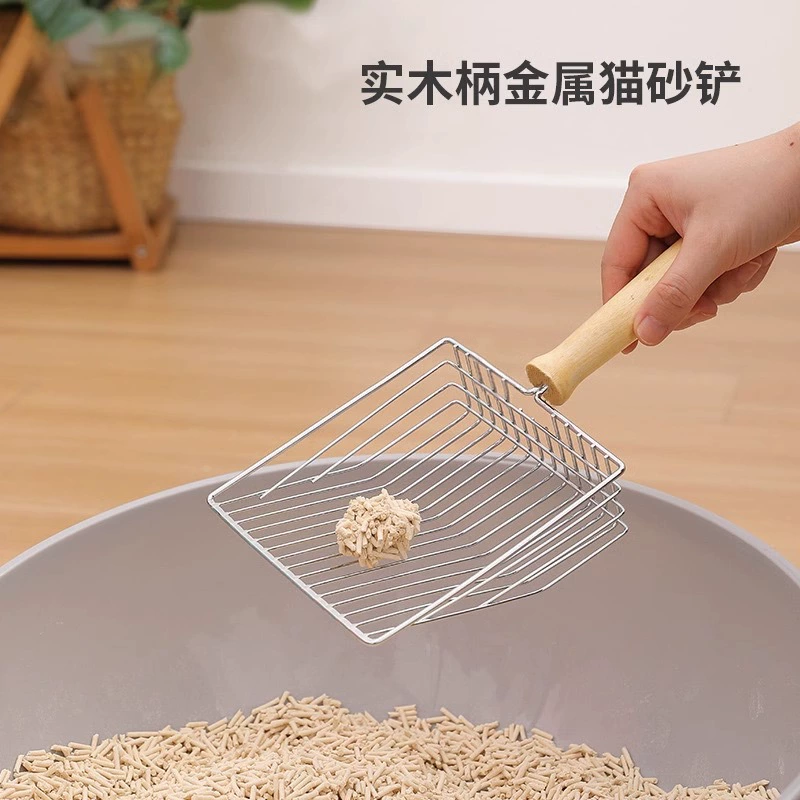Нержавеющая сталь кошачья лопата мелкое отверстие большой лопатой фекалии артефакт прочная и легко моющая лопата для домашних животных деревянная ручка кошачья лопата